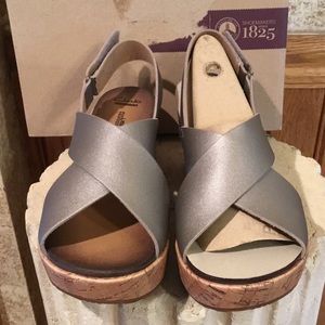 NIB Clarks silver wedge sandals